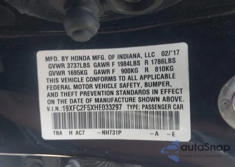 2017 Honda Civic Lx из США, поврежденный, VIN 19XFC2F5XHE033297